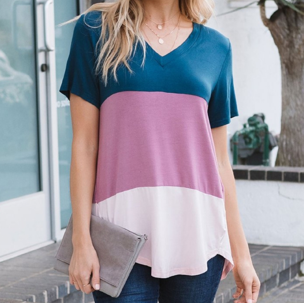 Teal & Mauve Color Block Button-Back V-Neck Tee - - image 1